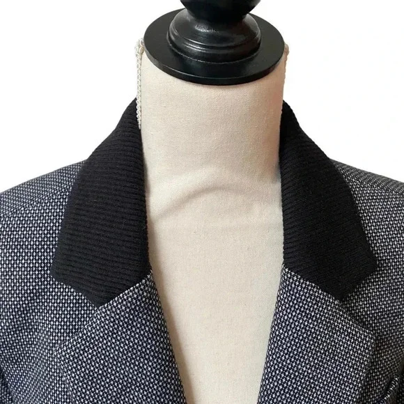 Ecru Knit Blazer Black White Dotted Boyfriend Jacket Rib Collar Size 12 - Picture 2 of 16